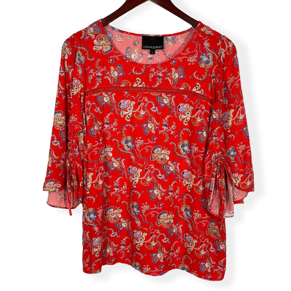 Cynthia Rowley Red Floral Print Crew Neck Blouse Size Small